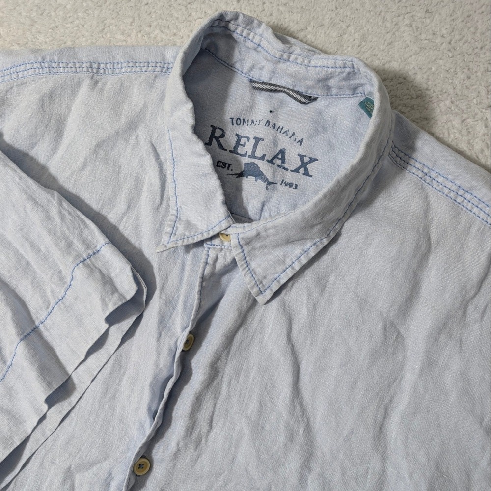 Tommy Bahama Button Front Shirt Mens XXL Light Blue 100% Linen S/S Relax